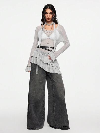 Grunge Punk Women's Y2K Asymmetrical Hem Double Ruffle Trim Long Sleeve Turtleneck Knit Top