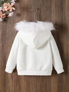 Young Girl Casual Butterfly Embossed Zip-Up Jacket, Autumn/Winter Fall - White - View 2