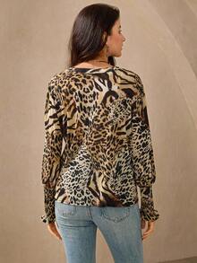 Wildy 波西米亚乡村度假斑马纹棕色动物图案教师衬衫办公室女士返校制服 - 棕色 - 查看 5