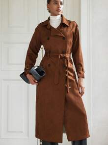 Aveloria Modichic 鹿皮绒面革机车夹克配棕色腰带，长款西装外套 - 棕色 - 查看 5