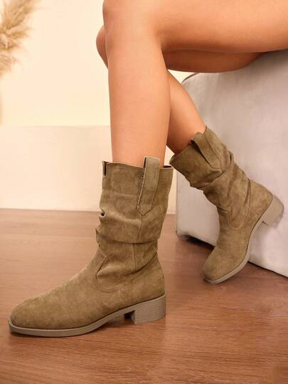 Daringsoles New Vintage Square Toe Mid-Heel Boots, Versatile Elastic Back Zipper Short Boots For Women, Autumn/Spring