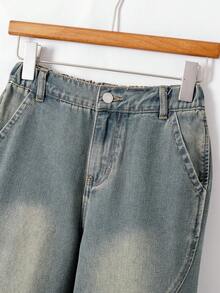 Tween Boys Jeans, Casual Streetwear Fashion, Comfortable Urban Hipster Design, Pleated, Vintage Medium Wash, Elastic Waist, Relaxed Fit Denim Pants Chic Outfits For Autumn/Winter