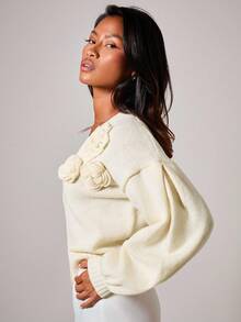 COSMINA Women's Elegant 3D Floral V-Neck Sweater, Autumn/Winter - Cream - View 6