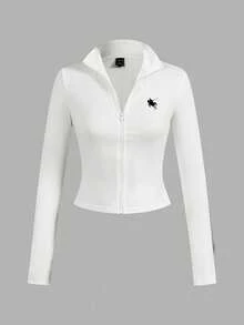 SHEIN EZwear 2 件白色和黑色马标志图案针织拉链长袖 T 恤，适合秋冬季分层、休闲和运动，适合返校 - 彩色 - 查看 3