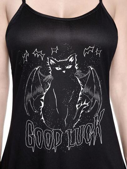 Goth Women's Gothic Black Cat Casual Slip Sleep Dress, Halloween
