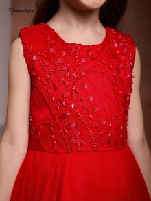 Glamorique Kids 四季女童演出派对礼服，大红色薄纱泡泡裙，无袖蕾丝边宴会礼服，后背蝴蝶结装饰优雅公主礼服 - 紅色 - 查看 8