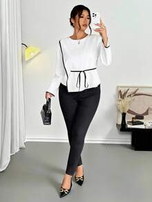 Firerie Plus Size Contrast Color Trim Round Neck Long Sleeve Tie Front Casual Fashion Shirt - White - View 7