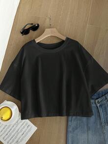 Comfortcana Áo thun ngắn tay màu đen trơn dáng rộng thường ngày - màu đen - Xem 5