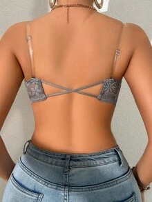 SHEIN 花卉蕾丝前开合半罩杯文胸，露背，浅灰色 - 淺灰色 - 查看 2