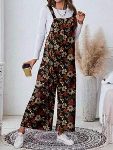 SHEIN LUNE Women's Casual Loose Jumpsuit With Leaf Print Pattern On Black Background, Suitable For Autumn/Winter Wear - Multicolor - View 7