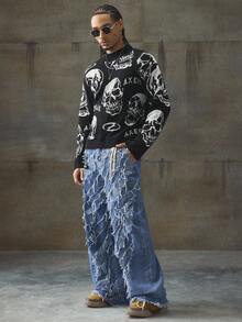 AXEPEAK Men's Skull & Dark Pattern Punk Hip Hop Pullover Sweater, Fall Winter - Black - View 5