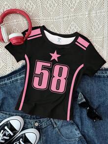 3 件套青少年女孩街头豹纹印花数字 98 和 58，城市字母图案修身休闲舒适圆领长袖 T 恤套装，适合夏季 - 彩色 - 查看 2