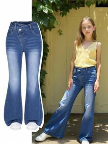 青少年女孩 Y2K 风格牛仔裤，做旧蓝色水洗，弹性紧身喇叭腿休闲裤，适合日常穿着 - 中等水洗藍 - 查看 7