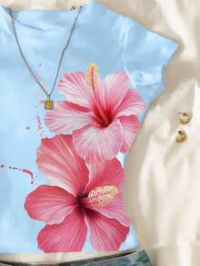 Tween Girl Floral Print Short Sleeve Casual Versatile T-Shirt For Summer