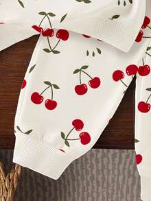 SHEIN Vintaside Kids 2 piezas Conjunto de sudadera y pantalón de chándal con estampado de cerezas lindo y dulce para niñas bebés, otoño/invierno