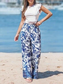 Sylviya 花朵图案荷叶边下摆度假风两件套 - 白色 - 查看 3