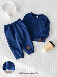 Cozy Pixies 2 pezzi Set di maglia a girocollo a maniche lunghe con motivo a rilievo di orsetto cartoni animati e pantaloni con vita elastica e polsini alla caviglia per bambini/bambine, con fodera in pile caldo, adatto per autunno/inverno, comodo, versatile, casual, carino, design semplice, adatto per interno, esterno, uso quotidiano, sport, gioco, festa, Ognissanti, Natale, Capodanno, ritorno a scuola
