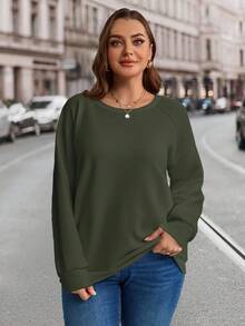 EMERY ROSE Plus Size Casual Solid Color Preppy Style Solid Color Raglan Sleeve Sweatshirt, Autumn And Winter Graduation Ceremony, Back To School Clothing Fall - Army Green - View 5