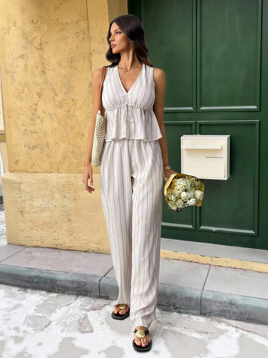 SHEIN Tall 2pcs Women's Striped Tie Waist Sleeveless Top And Pants Set, Tall Version, Classy Outfits For Women, Dress Casual, 2 Pieces Women's Summer Casual Resort Sleeveless Striped Tie Waist Waistband Sleeveless Top And Pants Summer Outfits For Women Two Pieces Set Women Vacation Outfits Woman Everyday Wear,Elegant Women's Set,Country Style For Women - White - View 1