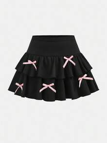 SHEIN Girlism 少女休闲装、运动装、校园装、返校装、黑色多层荷叶边下摆短裙、蝴蝶结装饰、甜美清凉、黑粉色、春夏装、酷炫、基本款、日常、百搭、夏季运动时尚、返校季、校服 - 黑色 - 查看 3