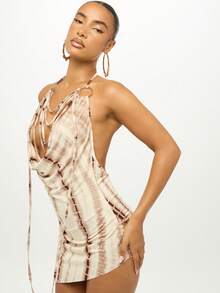 SUMWON WOMEN Distressed Print Mini Dress Satin Finish Cowl Neck Tie Side Adjustable Clubwear Party Evening Fashion Forward Bodycon Design Trending Now Fall Winter Collection - Brown - View 6