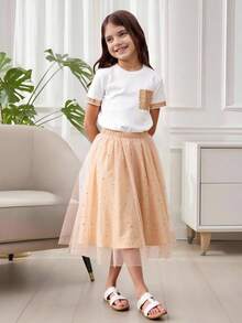 2pcs Tween Girls Sequins Decor Round Neck Short Sleeve Top Tee And Elegant Sparkly Mesh Skirt Set, Spring And Summer,Holiday,Summer,Travel Summer Holiday