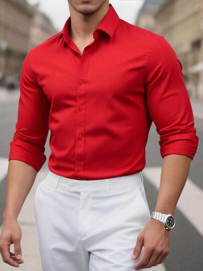 Manfinity Bizformal Camisa de vestir de manga larga de unicolor y estilo minimalista para hombre, camisa de vestir roja de negocios y casual, camisa roja abotonada para hombre, para el otoño