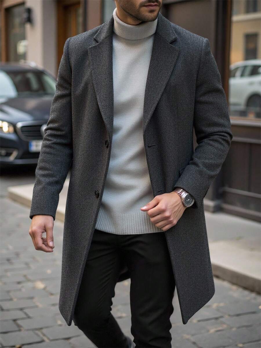 Manfinity Mode Men's Long Sleeve Solid Color Lapel Neck Single-Breasted Casual Overcoat, Autumn/Winter Men Dress Coat - Dark Grey - View 1