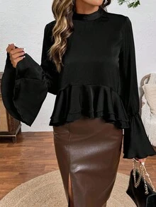 SHEIN LUNE 女式荷叶边饰带袖口喇叭袖衬衫 - 黑色 - 查看 1