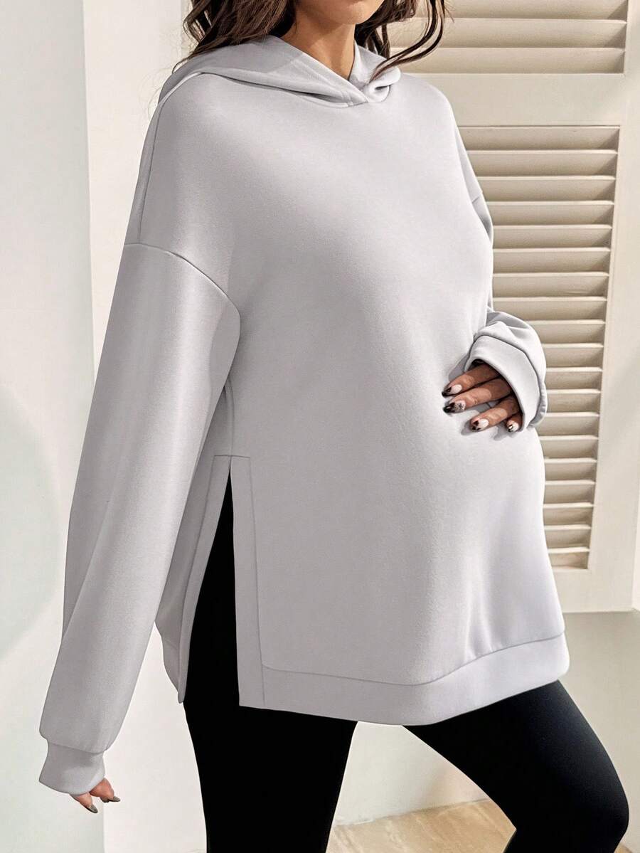 SHEIN Áo nỉ trùm đầu xẻ tà đơn sắc dành cho bà bầu, màu xám nhạt - Xám - Xem 1