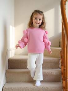 Baby & Girl Fashionable Cute Versatile Ball Decor Sweater Set, Woolen Top & Flared Pants Fall Winter - Baby Pink - View 3