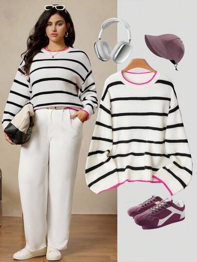 SHEIN LUNE Suéter de cuello redondo de manga larga a rayas con bloques de color, tallas grandes, tops para salir en otoño, Navidad