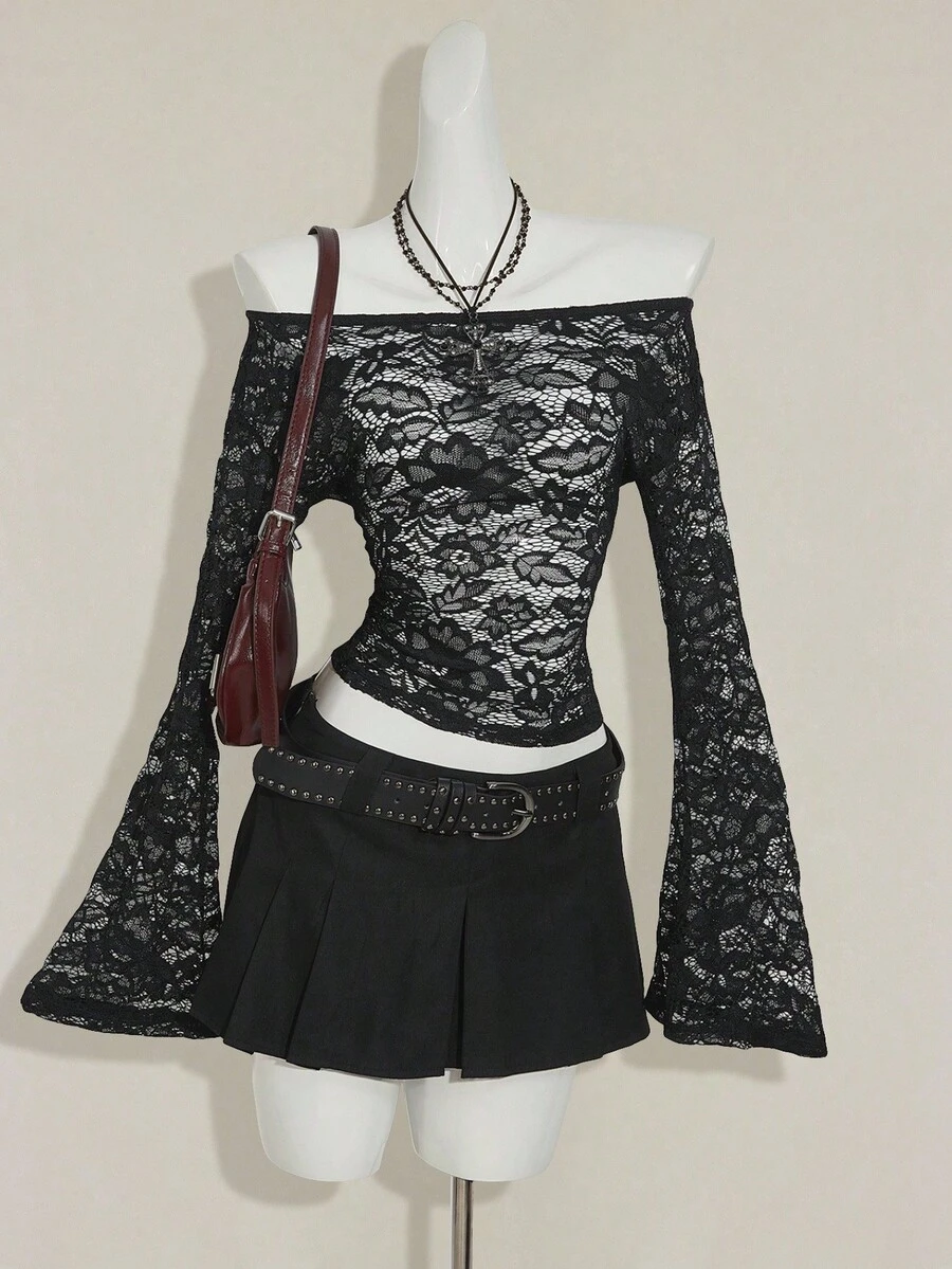 SHEIN ICON Sexy & Fashionable Off Shoulder Lace Long Sleeve Sheer Blouse,Black Tops - Black - View 1