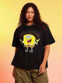 SpongeBob SquarePants | SHEIN Áo thun nữ dáng rộng màu đen in họa tiết cầu vồng hoạt hình dễ thương, vui nhộn, mùa hè - màu đen - Xem 3