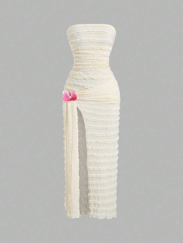 Sweetra Wrap Chest Slit Tie-Up Floral Dress, Waist Cinched Bodycon Slit Dress