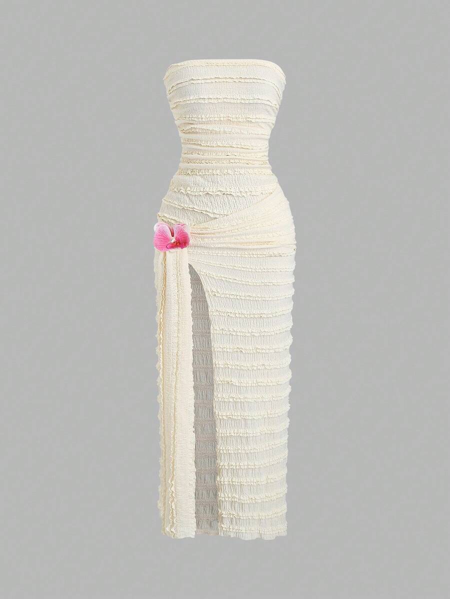 Sweetra Vestido floral con abertura y lazo en el pecho, vestido ajustado con abertura y cintura ceñida - Amarillo - Ver 1