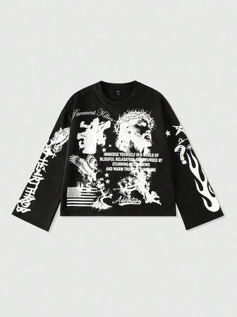 Street Life تي شيرت قصير مطبوع مقاس كبير للرجال