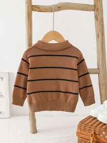 SHEIN Baby Boy/Girl Casual Versatile Colorful Striped Collared Half-Zip Pullover Sweater Fall Winter - Multicolor - View 2