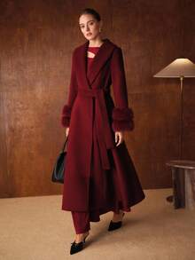 MOTF PREMIUM CONTRAST FAUX FUR BELTED OVERCOAT - Burgundy - View 5