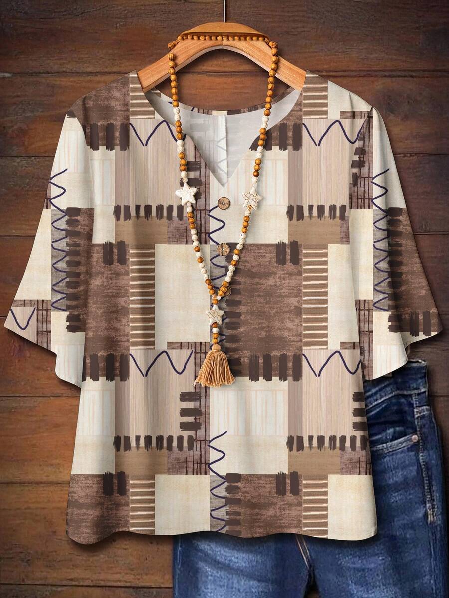 EMERY ROSE Casual Minimalist Brown Textured Plaid Patchwork Print Plus Size Button-Up Shirt, Suitable For Autumn Chic Blouses Women,Flower/Spring/Summer/Vacation - Multicolor - View 1