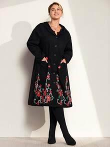 Momelise 大码女式休闲连帽印花口袋长袖大衣