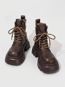 ROMWE Fairycore 女式踝靴，侧面拉链，正面系带，休闲短靴，适合圣诞节和新年假期 - 棕色 - 查看 4
