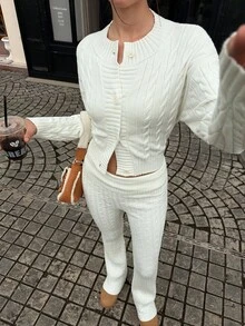 Jouncy 2 piezas Conjunto de suéter tejido para mujer, suéter de cuello redondo de manga larga y pantalones - Blanco - Ver 5