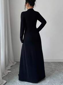 Elenzga 女士秋冬休闲复古风开衫，百搭优雅，修身剪裁，长款，轻盈黑色针织毛衣，适合外出、约会、工作、上学、度假 - 黑色 - 查看 3