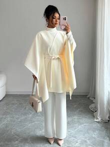 Selianne 25-30+ Days Casual Autumn/Winter Batwing Sleeve Waist Cinched Mid-Length Elegant Overcoat - Apricot - View 1