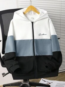 SHEIN Chaqueta de sudadera informal, suelta y cómoda con bloques de color y parches, adecuada para salidas en otoño/invierno, para adolescentes varones - Neblina azul - Ver 3