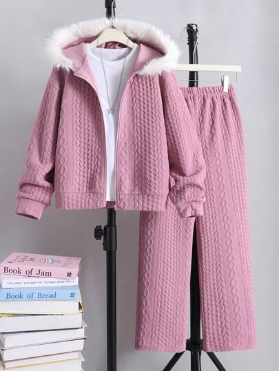 SHEIN Tween Girl Teddy Fleece Jacquard Hooded Zip-Up Jacket And Relaxed Fit Pants 2 Pieces Set