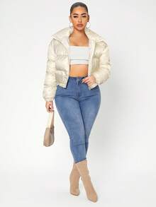 SHEIN SXY 性感拉链漏斗领冬季外套 - 米色 - 查看 4