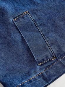 SHEIN MOD 新款秋季女式时尚长袖系带双排扣牛仔夹克，通勤百搭 - 深色水洗藍 - 查看 3