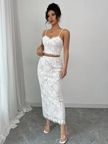 Rafferiza 2 件套女士蕾丝纯色细肩带蕾丝边拼接露背开衩节日派对优雅迷人性感波西米亚风格度假夏季无袖上衣和裙子套装